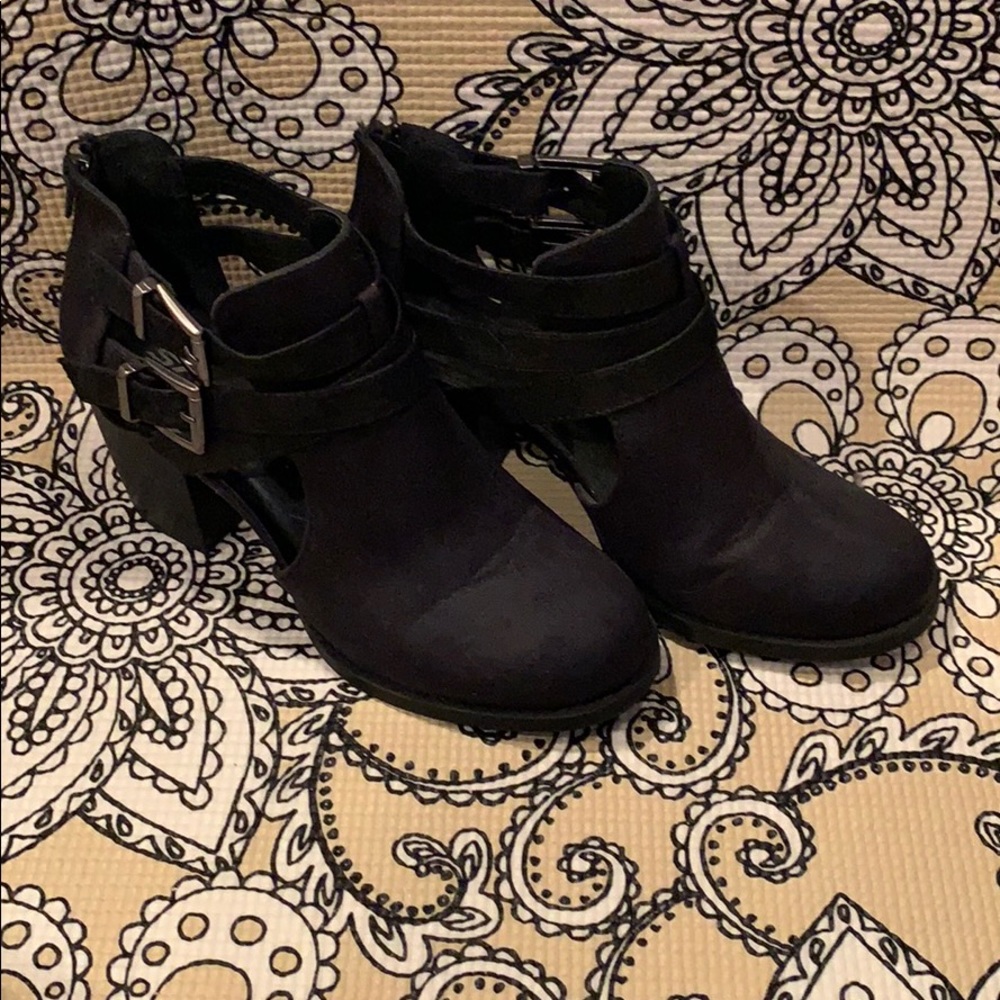Black booties with buckles and zip up the back